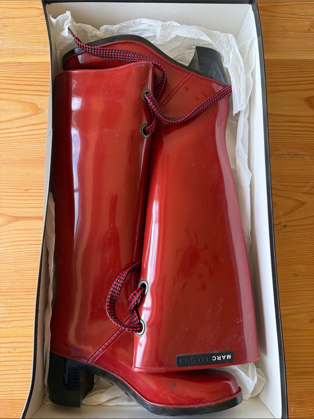 Marc Jacobs Red Patent Lace-Up Rain Boots